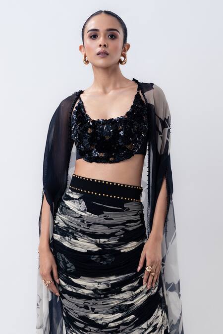 Nupur Kanoi_Black Crepe, Lycra Sequins Open Neck, Printed Slit Cape With Crushed Skirt Set _Online_at_Aza_Fashions
