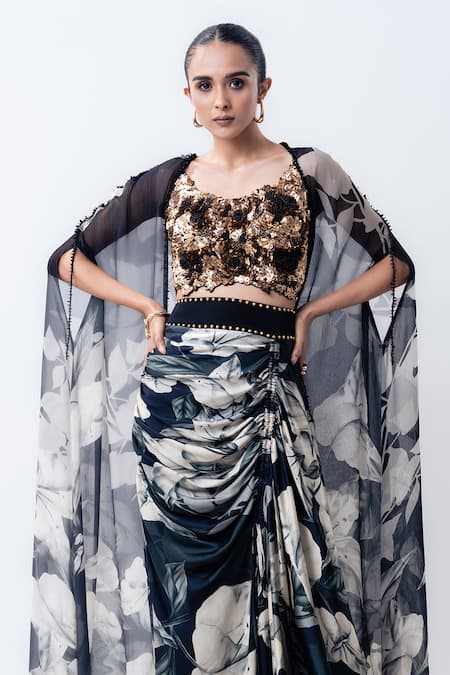 Nupur Kanoi_Black Satin, Lycra, Crepe Sequins Round Printed Slit Cape With Crushed Skirt Set _Online_at_Aza_Fashions