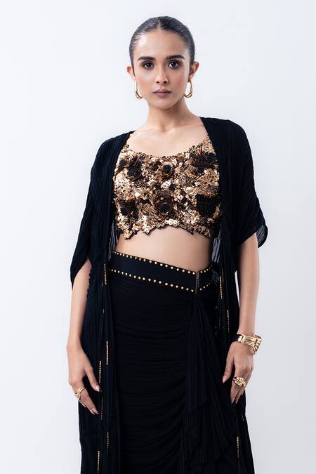 Nupur Kanoi Black Chiffon, Crepe, Lycra Sequins Open Gathered Jacket With Draped Skirt Set Online at Aza Fashions Nupur Kanoi_Black Chiffon, Crepe, Lycra Sequins Open Gathered Jacket With Draped Skirt Set _Online_at_Aza_Fashions
