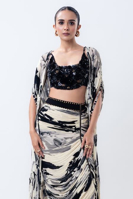 Nupur Kanoi_Off White Chiffon, Crepe, Lycra Sequins Open Printed Gather Jacket And Skirt Set _Online_at_Aza_Fashions