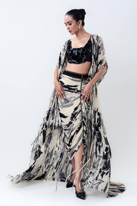 Buy_Nupur Kanoi_Off White Chiffon, Crepe, Lycra Sequins Open Printed Gather Jacket And Skirt Set _Online_at_Aza_Fashions