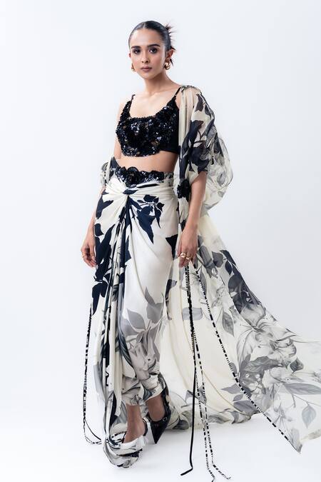 Nupur Kanoi Off White Organza, Satin, Lycra, Crepe Printed Jacket With Front Knot Skirt Online at Aza Fashions Nupur Kanoi_Off White Organza, Satin, Lycra, Crepe Printed Jacket With Front Knot Skirt _Online_at_Aza_Fashions