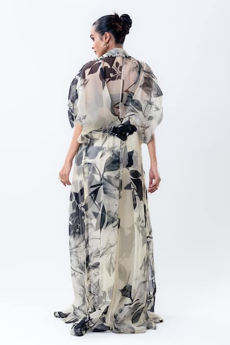 Nupur Kanoi Printed Organza Jacket With Front Knot Skirt 