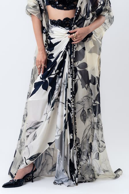 Shop Nupur Kanoi Off White Organza, Satin, Lycra, Crepe Printed Jacket With Front Knot Skirt Online at Aza Fashions Shop_Nupur Kanoi_Off White Organza, Satin, Lycra, Crepe Printed Jacket With Front Knot Skirt _Online_at_Aza_Fashions