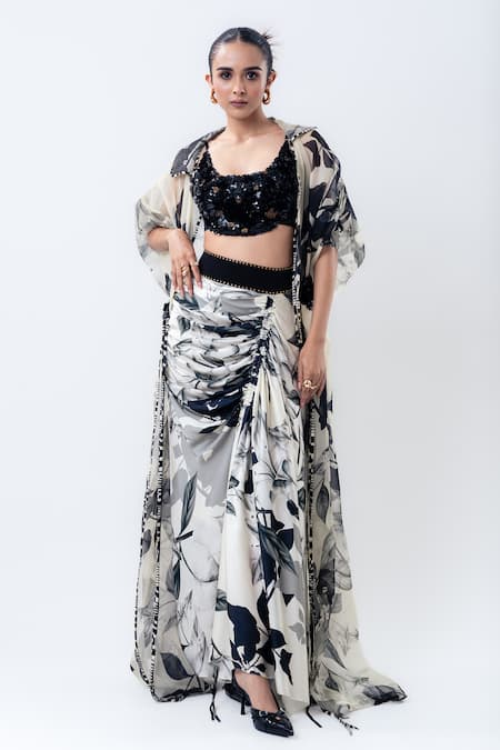 Nupur Kanoi Printed Organza Jacket With Drawstring Skirt 