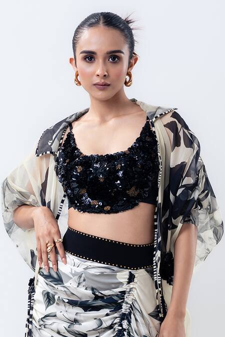 Nupur Kanoi_Off White Organza, Satin, Lycra Sequins Printed Jacket With Drawstring Skirt _Online_at_Aza_Fashions
