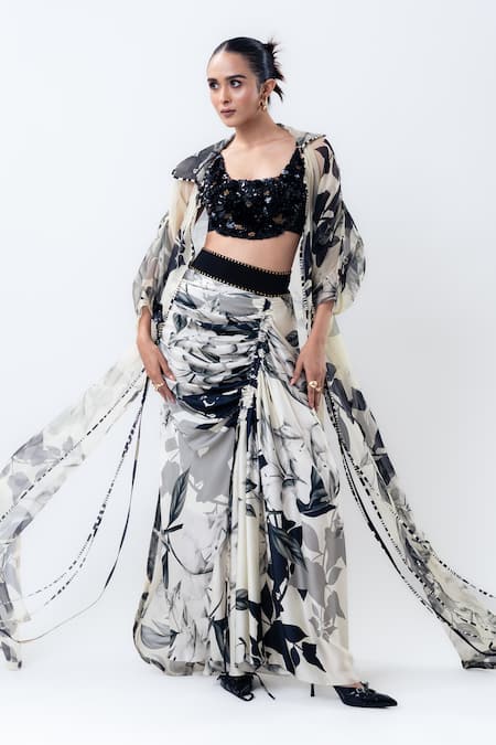 Buy_Nupur Kanoi_Off White Organza, Satin, Lycra Sequins Printed Jacket With Drawstring Skirt _Online_at_Aza_Fashions