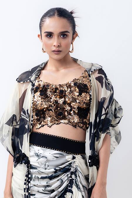 Nupur Kanoi_Off White Organza, Satin, Lycra Sequins Printed Jacket With Drawstring Skirt _Online_at_Aza_Fashions