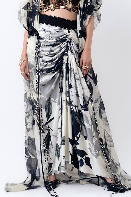 Buy_Nupur Kanoi_Off White Organza, Satin, Lycra Sequins Printed Jacket With Drawstring Skirt _Online_at_Aza_Fashions