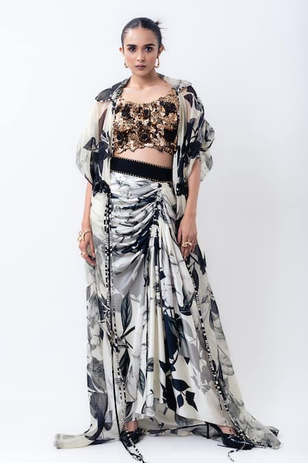 Nupur Kanoi Printed Organza Jacket With Drawstring Skirt 