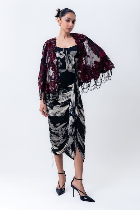 Nupur Kanoi Printed Sequin Short Cape With Gathered Dress 