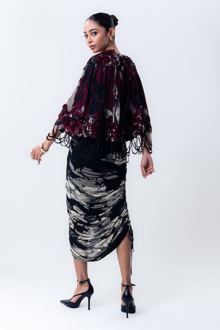 Nupur Kanoi Printed Sequin Short Cape With Gathered Dress 