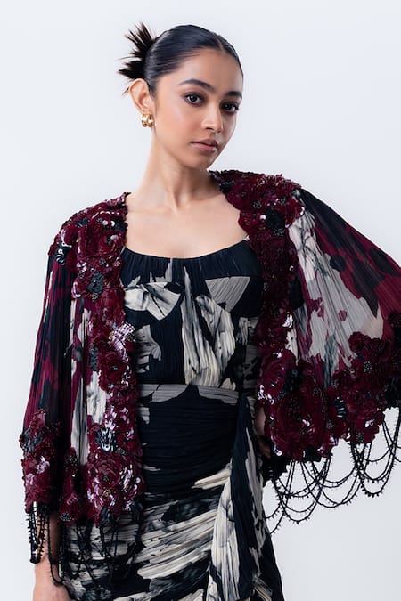 Nupur Kanoi_Black Crepe, Lycra Sequins, Beads Square Printed Short Cape With Gathered Dress _Online_at_Aza_Fashions
