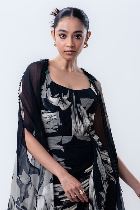 Nupur Kanoi_Black Crepe, Lycra Scoop , Open Printed Slit Cape With Gathered Dress _Online_at_Aza_Fashions
