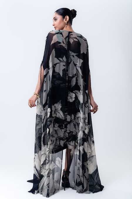 Nupur Kanoi Printed Slit Cape With Gathered Dress 