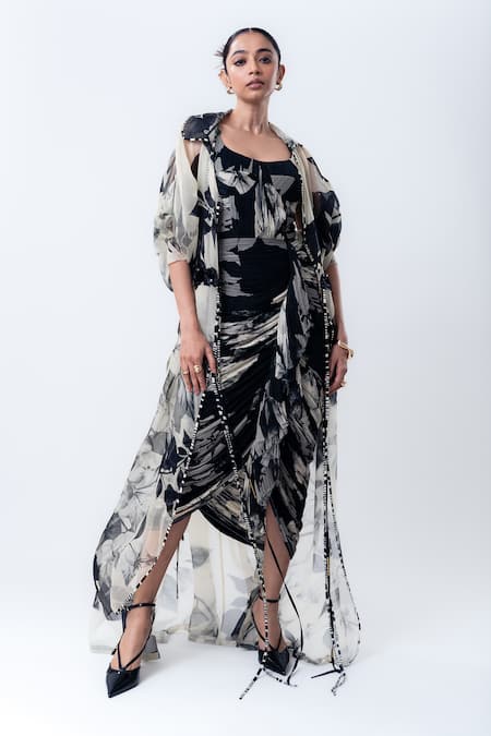 Nupur Kanoi Printed Organza Cape With Gathered Dress 