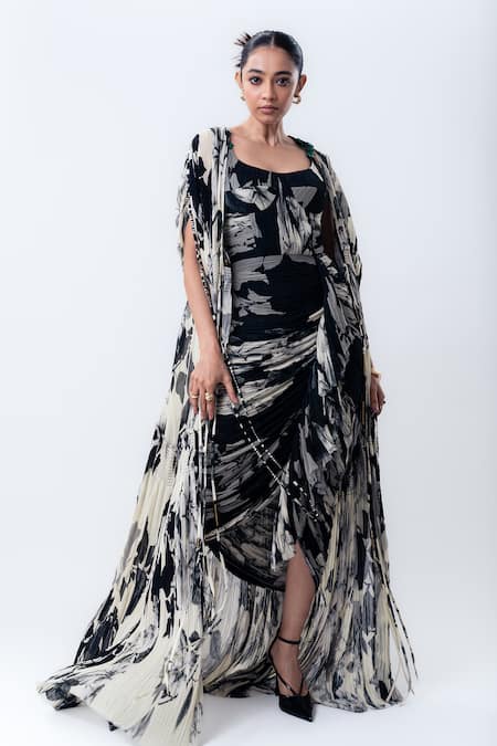 Buy_Nupur Kanoi_Black Chiffon, Crepe, Lycra Sweetheart Printed Organza Cape With Gathered Dress _Online_at_Aza_Fashions