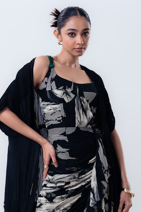 Nupur Kanoi_Black Crepe, Lycra Sweetheart , Open Gathered Jacket With Draped Dress _Online_at_Aza_Fashions