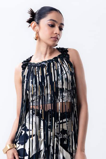 Nupur Kanoi Off White Crepe, Satin, Lycra Fringe Round Printed Top With Front Knot Skirt Online at Aza Fashions Nupur Kanoi_Off White Crepe, Satin, Lycra Fringe Round Printed Top With Front Knot Skirt _Online_at_Aza_Fashions