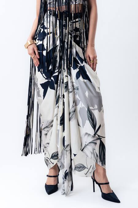 Buy Nupur Kanoi Off White Crepe, Satin, Lycra Fringe Round Printed Top With Front Knot Skirt Online at Aza Fashions Buy_Nupur Kanoi_Off White Crepe, Satin, Lycra Fringe Round Printed Top With Front Knot Skirt _Online_at_Aza_Fashions