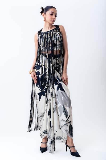 Nupur Kanoi Printed Fringed Top With Front Knot Skirt 