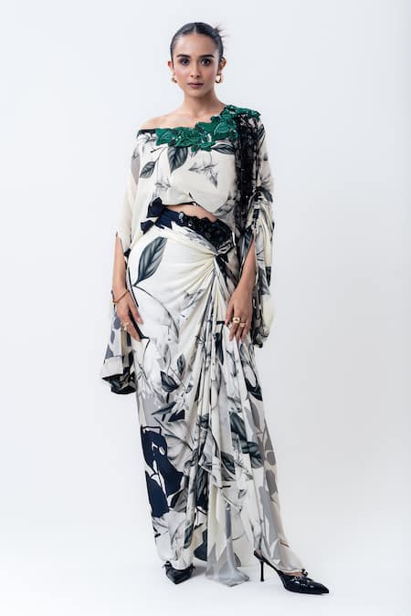 Nupur Kanoi Printed Off Shoulder Top With Side Knotted Skirt 