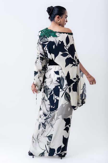 Nupur Kanoi Printed Off Shoulder Top With Side Knotted Skirt 