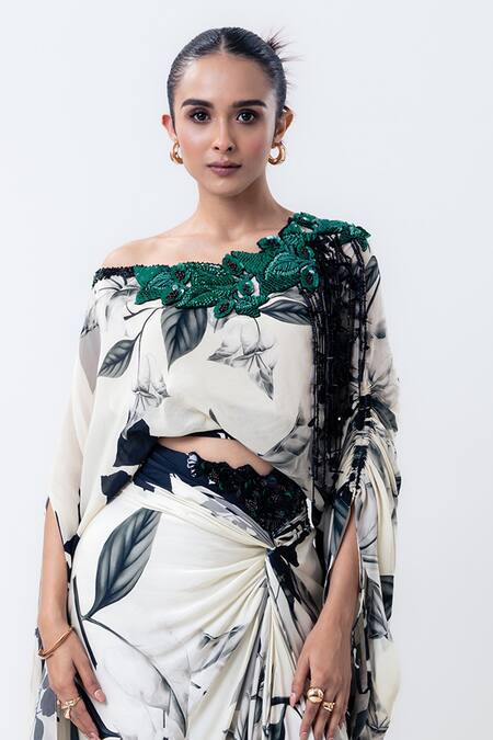 Nupur Kanoi Off White Crepe, Satin Beads Off-shoulder Printed Top With Side Knotted Skirt Online at Aza Fashions Nupur Kanoi_Off White Crepe, Satin Beads Off-shoulder Printed Top With Side Knotted Skirt _Online_at_Aza_Fashions