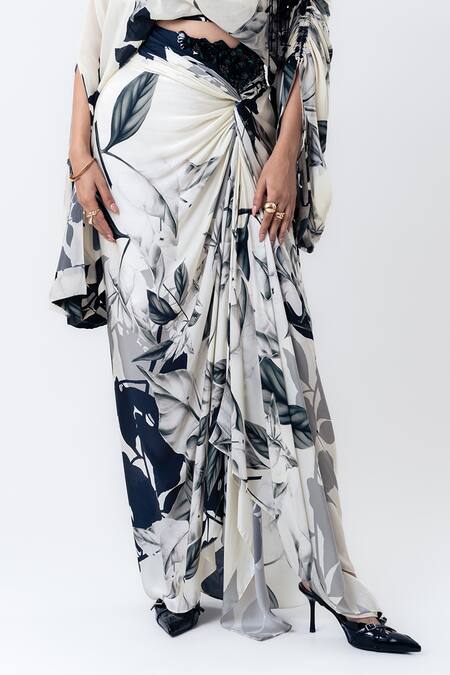 Buy Nupur Kanoi Off White Crepe, Satin Beads Off-shoulder Printed Top With Side Knotted Skirt Online at Aza Fashions Buy_Nupur Kanoi_Off White Crepe, Satin Beads Off-shoulder Printed Top With Side Knotted Skirt _Online_at_Aza_Fashions