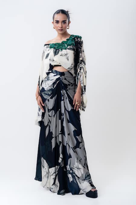 Nupur Kanoi Printed Off Shoulder Top With Draped Skirt 