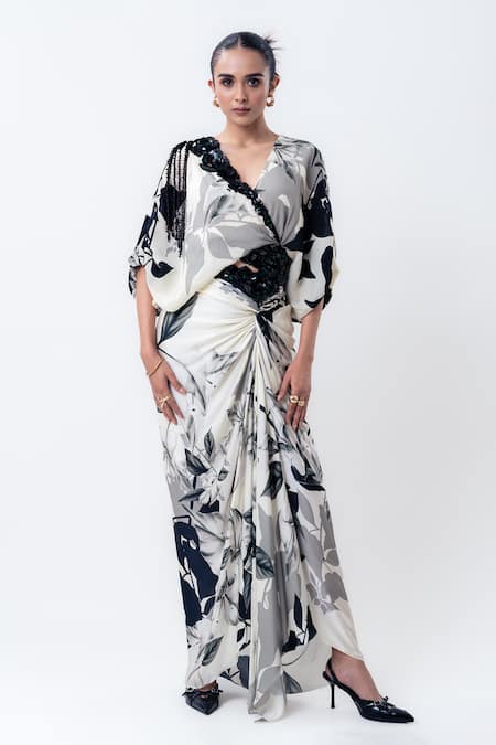 Nupur Kanoi Printed Kimono Wrap Top With Side Knot Skirt 