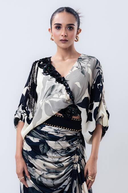 Nupur Kanoi_Off White Crepe, Satin Beads Printed Kimono Wrap Top With Drawstring Skirt _Online_at_Aza_Fashions