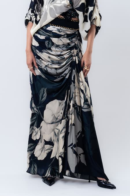 Buy_Nupur Kanoi_Off White Crepe, Satin Beads Printed Kimono Wrap Top With Drawstring Skirt _Online_at_Aza_Fashions