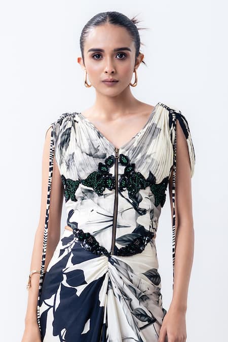 Buy_Nupur Kanoi_Off White Crepe, Chiffon, Satin V-neck Printed Gather Corset With Pick Up Skirt _Online_at_Aza_Fashions