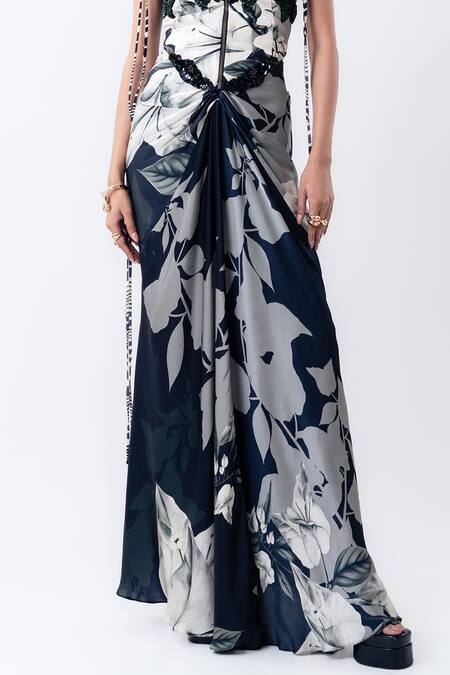 Nupur Kanoi Off White Crepe, Chiffon, Satin Lace V-neck Gather Corset And Printed Skirt Set Online at Aza Fashions Nupur Kanoi_Off White Crepe, Chiffon, Satin Lace V-neck Gather Corset And Printed Skirt Set _Online_at_Aza_Fashions