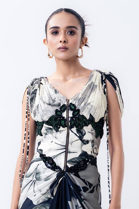 Buy Nupur Kanoi Off White Crepe, Chiffon, Satin Lace V-neck Gather Corset And Printed Skirt Set Online at Aza Fashions Buy_Nupur Kanoi_Off White Crepe, Chiffon, Satin Lace V-neck Gather Corset And Printed Skirt Set _Online_at_Aza_Fashions