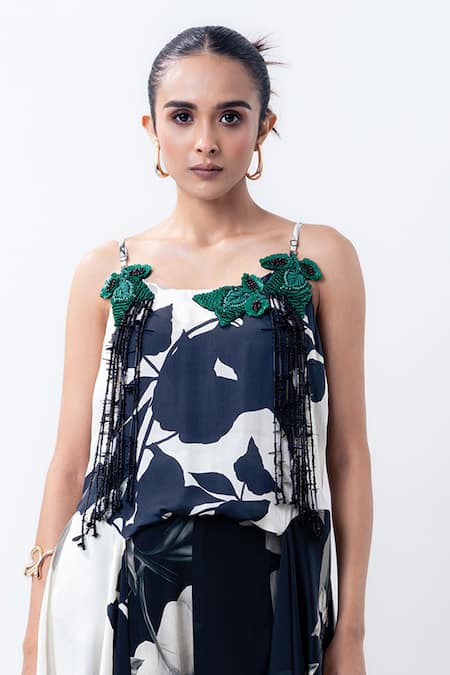Nupur Kanoi Off White Satin, Crepe Applique, Beads, Printed Drawstring Singlet Top With Pant Online at Aza Fashions Nupur Kanoi_Off White Satin, Crepe Applique, Beads, Printed Drawstring Singlet Top With Pant _Online_at_Aza_Fashions