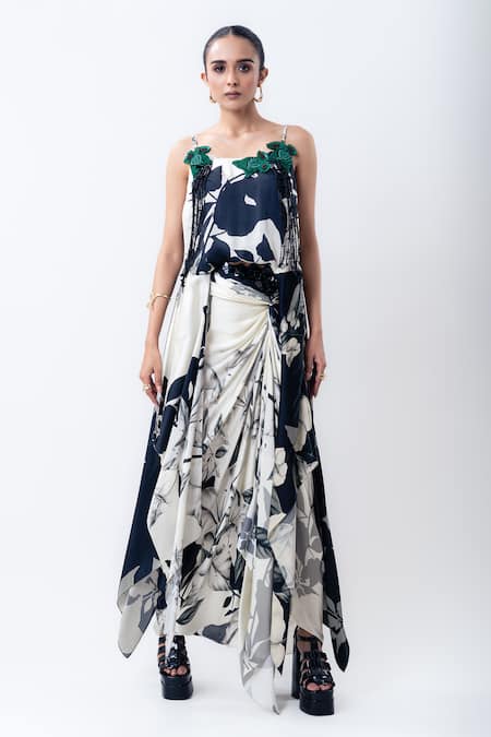 Nupur Kanoi Printed Drawstring Singlet Top With Side Knot Skirt 