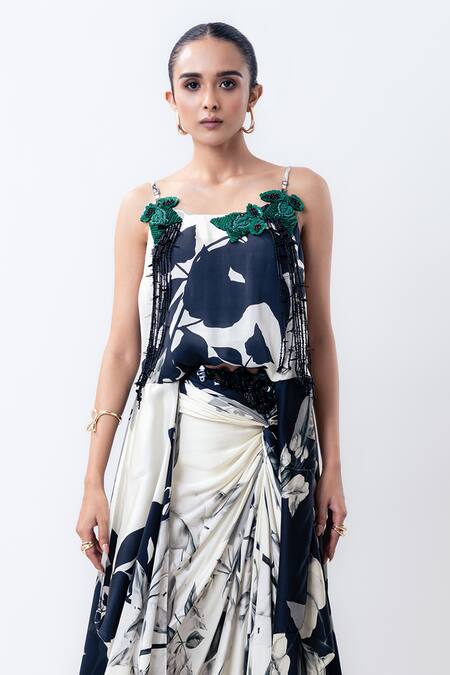 Nupur Kanoi_Off White Satin Applique, Printed Drawstring Singlet Top With Side Knot Skirt _Online_at_Aza_Fashions