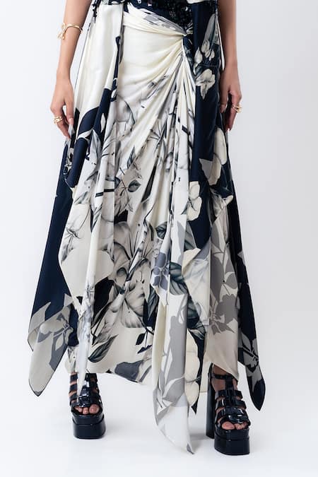 Buy_Nupur Kanoi_Off White Satin Applique, Printed Drawstring Singlet Top With Side Knot Skirt _Online_at_Aza_Fashions