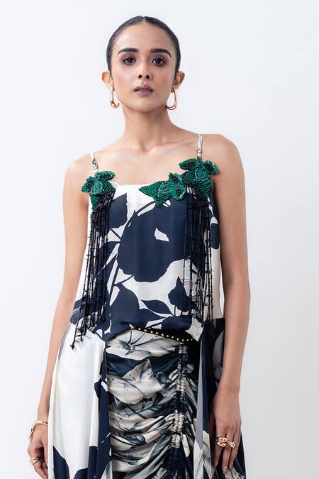 Nupur Kanoi_Off White Satin Fabric Printed Singlet Top With Skirt _Online_at_Aza_Fashions
