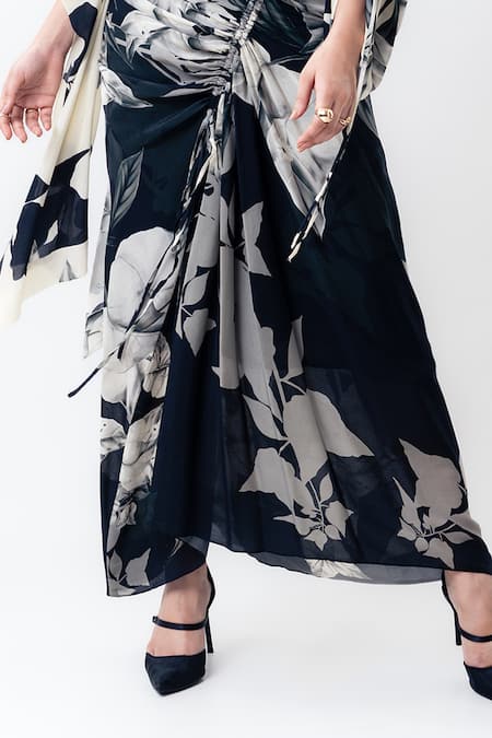 Nupur Kanoi_Off White Crepe Beads, Tassels Off-shoulder Printed Drawstring Dress _Online_at_Aza_Fashions