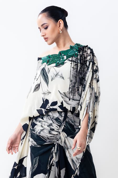Buy_Nupur Kanoi_Off White Crepe Beads, Tassels Off-shoulder Printed Drawstring Dress _Online_at_Aza_Fashions