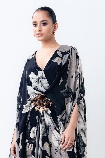 Nupur Kanoi_Black Crepe Sequins, Buckles V-neck Printed Asymmetric Kaftan _Online_at_Aza_Fashions