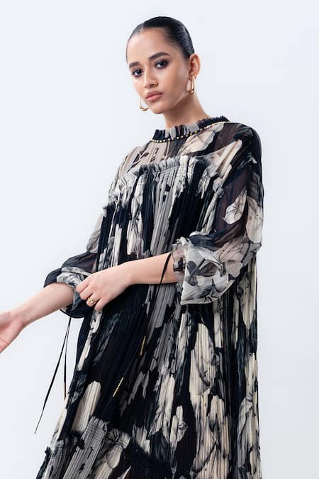 Nupur Kanoi_Black Chiffon Round Neck Printed Long Frill Dress _Online_at_Aza_Fashions