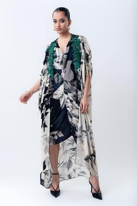 Nupur Kanoi Printed Pick Up Jacket With Satin Cowl Dress 