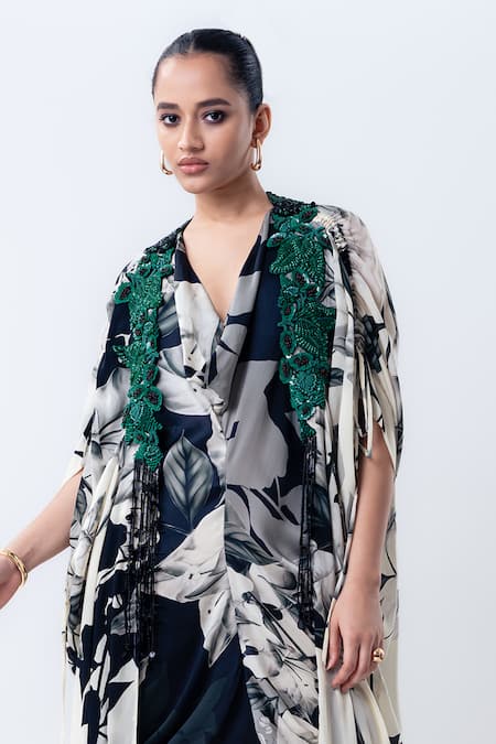 Nupur Kanoi_Black Satin, Crepe Beads, Embroidery Cowl Printed Pick Up Jacket With Dress _Online_at_Aza_Fashions