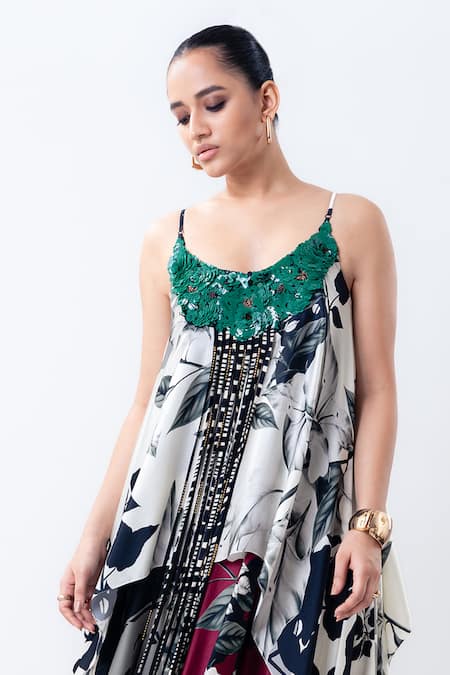 Nupur Kanoi_Multi Color Satin Sequins, Embroidery Scoop Neck Printedand Yoke Singlet Dress _Online_at_Aza_Fashions