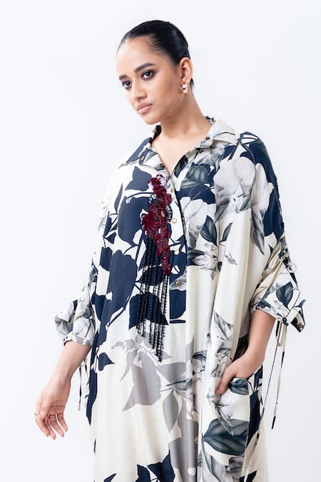 Nupur Kanoi_Off White Silk Collared, V-neck Printed Drawstring Shirt Dress _Online_at_Aza_Fashions
