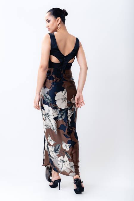 Nupur Kanoi_Brown Crepe, Satin, Lycra Sequins V-neck Printed Slit Cape With Draped Dress _Online_at_Aza_Fashions
